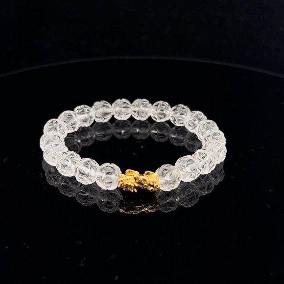 18K Gold Dragon Pixiu Piyao Bracelet Gemstones Clear Quartz Carved Lotus 7.5mm - Picture 1 of 6